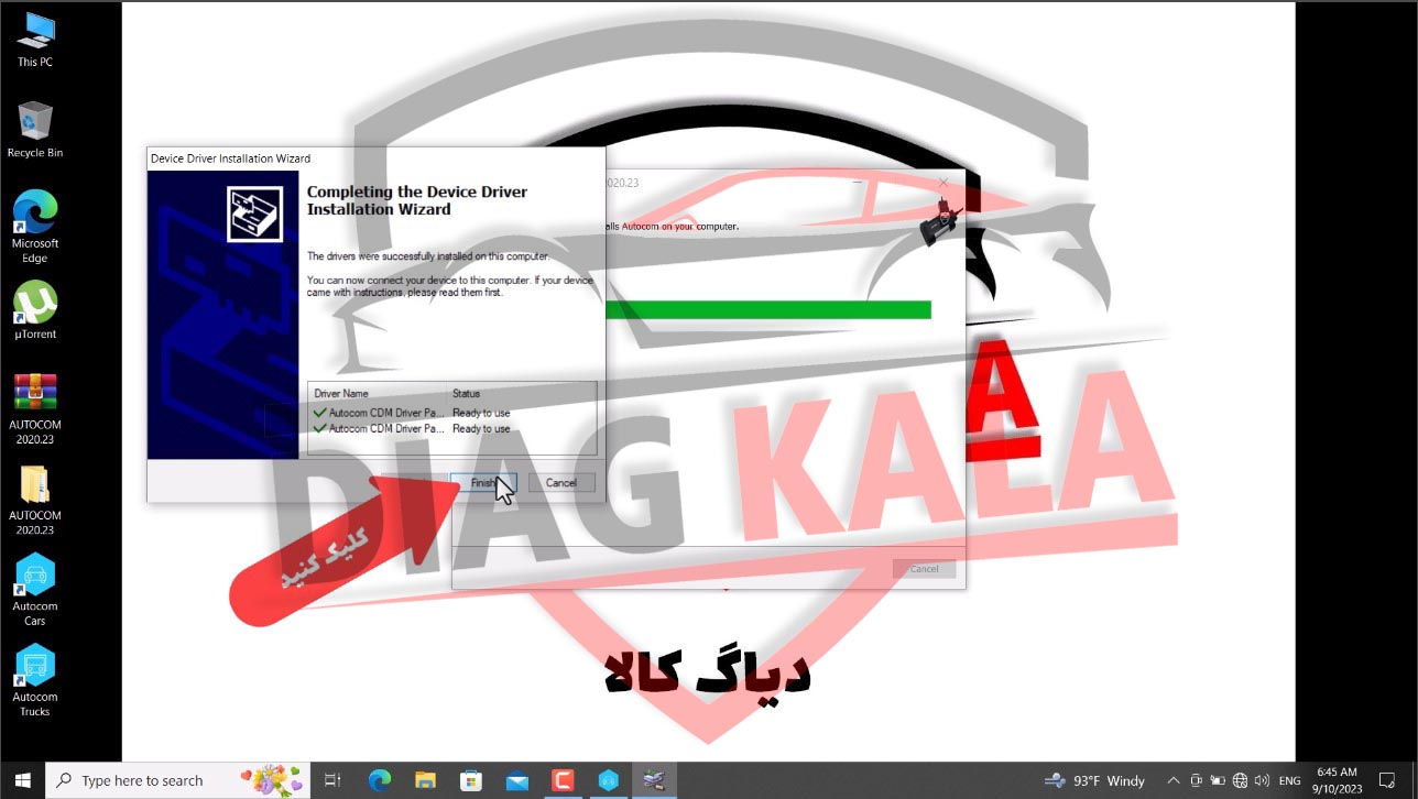 پس از اینکه نصب درایور به پایان رسید روی Finish کلیک کنید تا ادامه نصب اتوکام را پیگیری کنیم