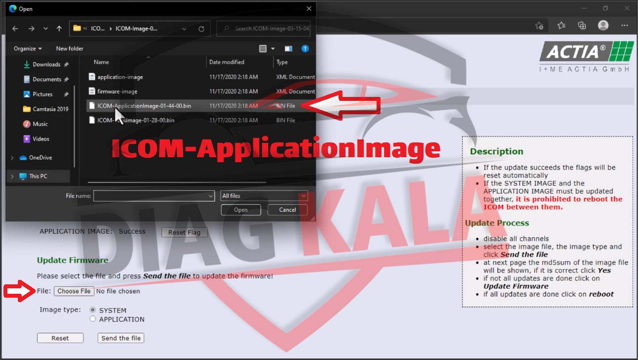 دوباره روی گزینه Choose File کلیک کرده و اینبار فایل ICOM-Applicationimage را انتخاب کنید و دکمه Open رابزنید